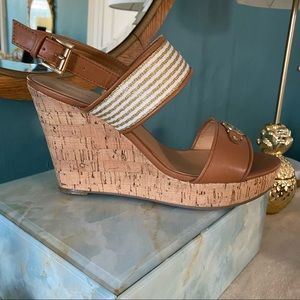 TOMMY HILFIGER Cork Platform Wedge Sandals Gold Metallic Embellished